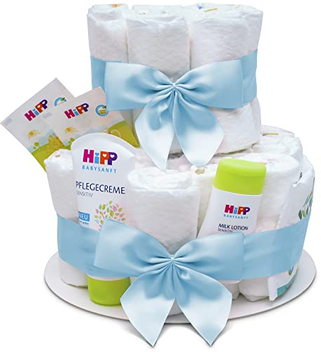 MilaBoo® 2-stöckige Windeltorte Junge mit Premiumprodukten I Besonderes Geschenk zur Geburt I Persönliches Babygeschenk zur Taufe und Babyparty (blau)