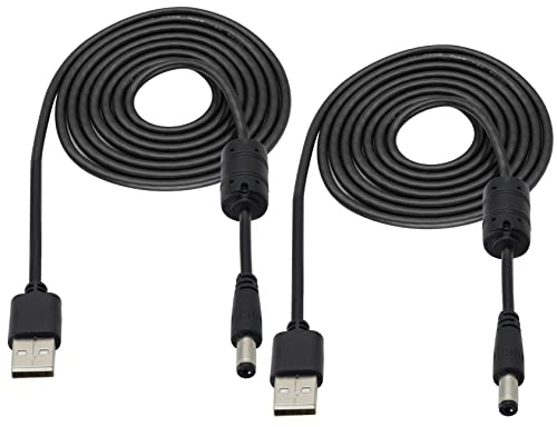 HCFeng USB to DC 5V-12V Power 24AWG Cable, USB 2.0 A Male to DC 5.5 x 2.1mm Male 5V Power Cable with Magnetic Ring for Led and Peripheral Products/Toys/Small Household Appliances [2 Pack/6FT]