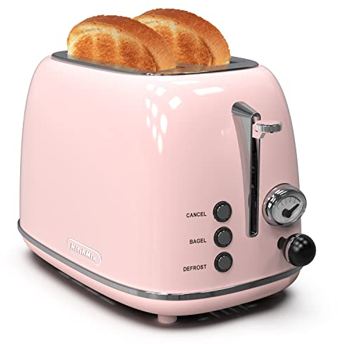 Toaster 2 slice,Retro Stainless Steel Toaster with 6 Settings, 1.5 In Extra Wide Slots, Bagel/Defrost/Cancel Function, Removable Crumb Tray (Baby pink)