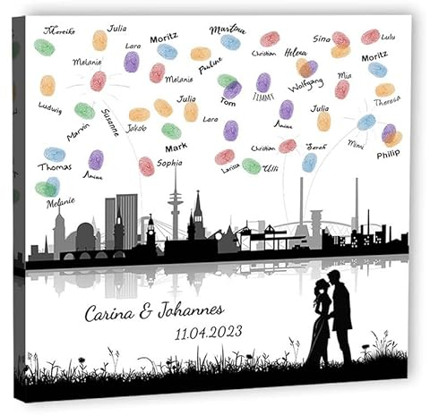 galleryy.net Fingerabdruck-Leinwand Hochzeit Leinwand 60x60 cm - Individuell mit Namen & Datum - INKL. Zubehör-set mit Stempelkissen, Stift und Hochzeitsbuch - Motiv - Skyline Hamburg