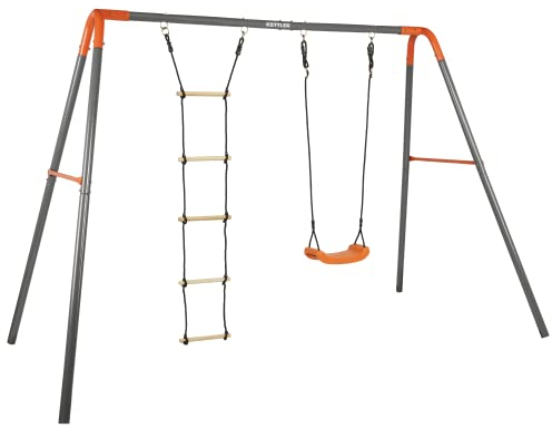 KETTLER Doppelschaukel Combi Outdoor | Schaukelgestell inklusive Schaukelsitz, Leiter, Bodenanker | 100kg belastbar | Stabiles und wetterfestes Metallgerüst I Kinder ab 3 Jahren (Grau)