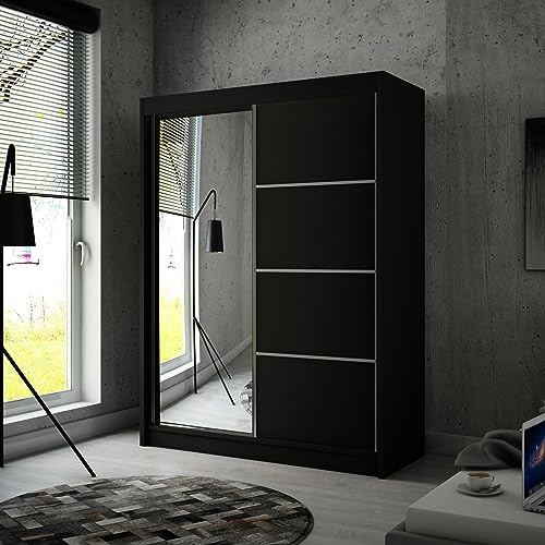 Mars Meble Schiebtürenschrank Paco 120cm Kleiderschrank inkl. 2 Schiebtüren Schrank mit Spiegel Kleiderstange, Breite: 120 cm, Farbe: Schwarz