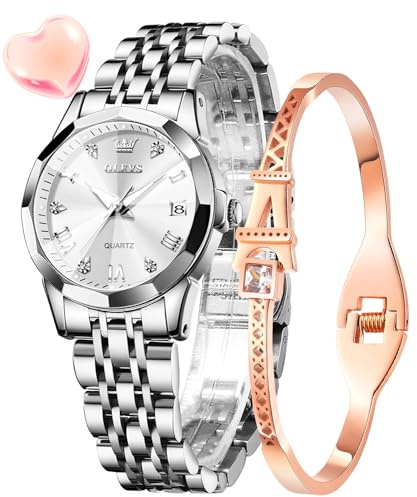 OLEVS Damenuhr Diamant Analog Quarz Uhren Damen Edelstahl Wasserdicht Leuchtend Modisch Elegantes Kleid Armbanduhr Armreif Geschenk Set