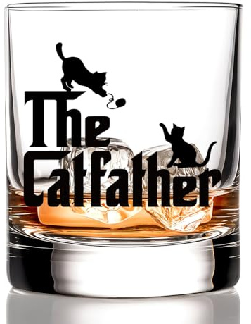 RZHV The Catfather Black Cat Old Fashioned Whiskey Glass, Funny Anniversary Birthday Gifts for Men Husband Dad Uncle Grandpa Friends Coworkers Cat Lover, Father Day Gifts