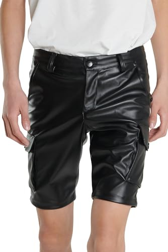 AIEOE Lädershorts för män lösa fuskläder last kortbyxor rave heta lädershorts punk retro utomhus gotiska vardagliga shorts klassiska läderbyxor med fickor, Svart, 48