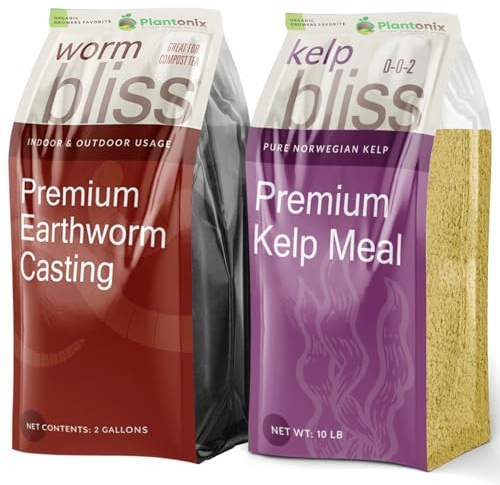 Worm Bliss (2 Gallons) + Kelp Bliss (10lbs) - Organic Worm Castings for Plants & Kelp Meal Organic Fertilizer - Earthworm Castings Fertilizer - 100% Natural Plant Food Rich in Vitamins & Nutrients