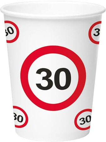 Folat 28379 Verkehrszeichen Geburtstag Deko - Trinkbecher - Verkehrsschild Zahl 30-250 ml - 8 Stück