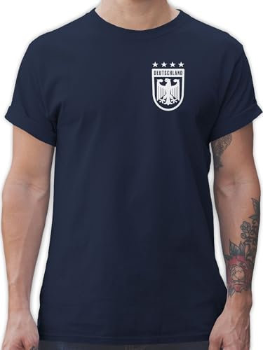T-Shirt Herren - Fußball EM WM - Deutschland Wappen mit Bundesadler 4 Sterne Germany - L - Navy Blau - Trikot 2024 Fussball Shirt männer Europameisterschaft Adler Tshirt fussballtrikot fu Ball