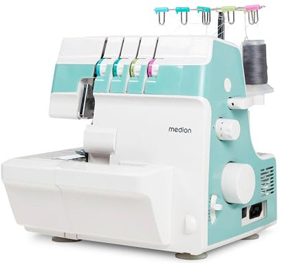 MEDION Overlock Nähmaschine SO90 (elektrisch, 90 Watt, LED Licht, mit einem Arbeitsgang schneiden, umfangreiches Zubehör, MD19169) türkis