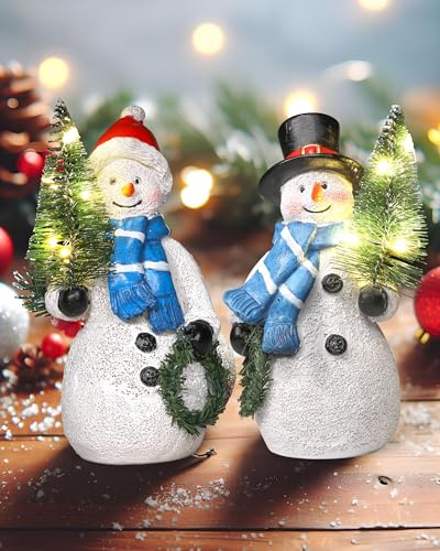 GoGnome Duo 5'' Resin Snowman Figurines with Lighted Christmas Tree Wreath - Christmas Decorations Indoor Snowman Decor Ornaments Centerpiece - Winter Holiday (Snowmen)