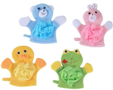 Mikinona 4pièces Gants De Bain Pour Garçon Fille Gants De Avec Motifs Animaux Lapin Verte Canard Serviettes De Nettoyage Et Amusantes Pour Bain Garçon Fille