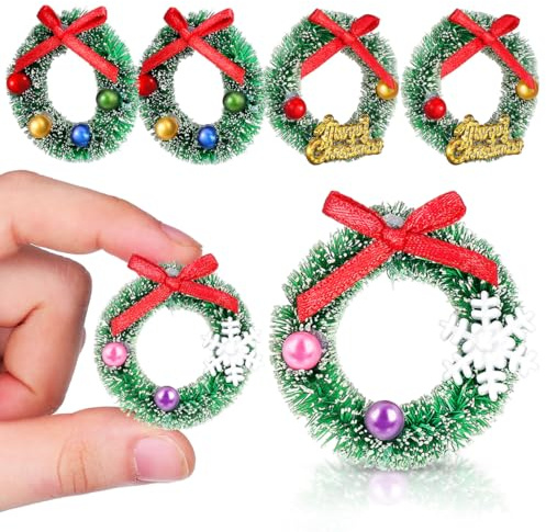 NIYANGLE 6Pcs Mini Christmas Wreath Decorations for Doll House, Small Wreaths Garland Ornaments for Festive Micro Landscapes Xmas Tree Party House Craft Decor