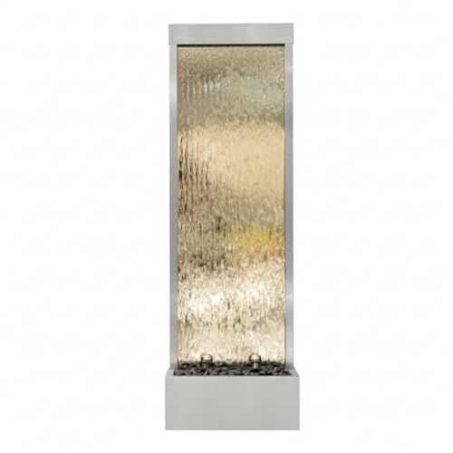 XBrand 68 H Freestanding Modern Waterfall Fountain, Aluminum & Clear Glass, LED Lights, Decorative Rocks, Auto Shut-Off Pump, Indoor/Outdoor, Silver