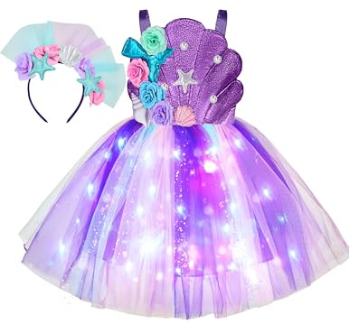 Spooktacular Creations halloween flicka sjöjungfru tutu klänning, snäcka sjöjungfru kostym, LED barn prinsessklänning för Cospaly party, Mörklila, Toddler (3-4 yr)