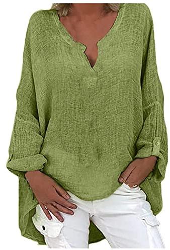 AEGJEGVD Chemisier Femme en Coton Lin Chic et élégant Baggy Chemise à Manche Longue Décontracté Blouse Ample Printemps Eté Tunique Femme Longue Col V Oversize Top Haut Lâche Respirant Chemise Soldes