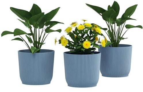 Outsunny Set of 3 Plant Pots Plastic Outdoor Garden Planters 22cm, Blue | Round, Flower Pots for Garden Decoration, Patios, Indoor, Home