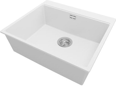 PRIMAGRAN Fregadero Cocina Blanco 58x50cm, Granito 1 Seno + Sifón, Sobre encimera al mueble 60cm - Oslo