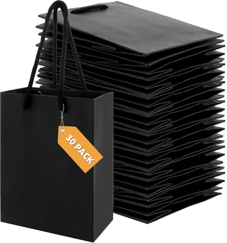 MIVIDE 30 Stück Geschenktaschen Papier Schwarz 12 x 7 x 16 cm / 250GSM, Geschenktüte Klein Schwarz mit Griff, Schwarze Geschenktasche für Hochzeits, Weihnachten, Partyfeiern, Geschenke