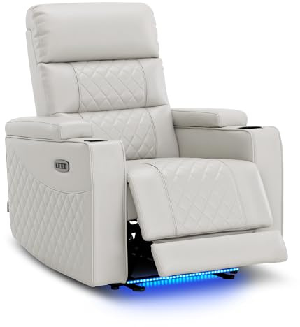 MCombo Power Recliner Chair for Adults, Home Theater Seating with Power Headrest, FSC Certified, USB & Type C Ports, Armrest Storage & LED Light HTS432 (Light Grey, Single Recliner)