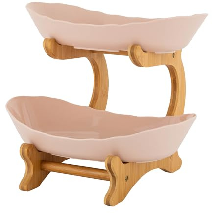 Repomanda 2-Tier PP Fruit Bowl with Bamboo Stand – Large Kitchen Countertop Organizer for Fruits, Vegetables, Snacks & Bread – Yuanbao-Shaped, Anti-Slip ( White/ Beige ) (Beige)