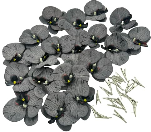 Urier Artificial Flower Heads Silk Orchid That Look Real,Fake Orchid Flowers with Clips,Tropical Faux Flower Heads DIY Orchid Clips,Wreath, Gift, Cake Decoration (20, Black)