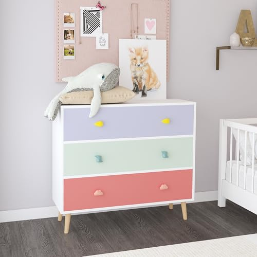 KT Rolster Colorful Dresser for Nursery, Kids Dresser with 3 Drawer, Toddler Nightstand for Bedroom, Storage Cabinet for Kids Child for Bedroom Living Room Toddler Room Closet Playroom
