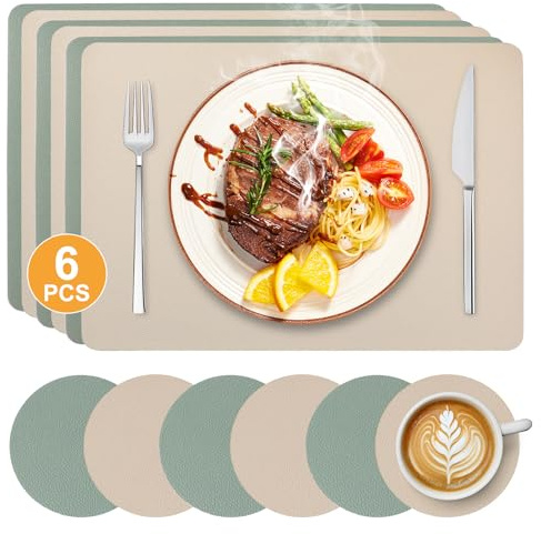 6er-Set Tischsets Abwaschbar und hitzebeständig, Beidseitig | PVC-platzsets mit Untersetzern & Rutschfes (cremeweiß/grün)