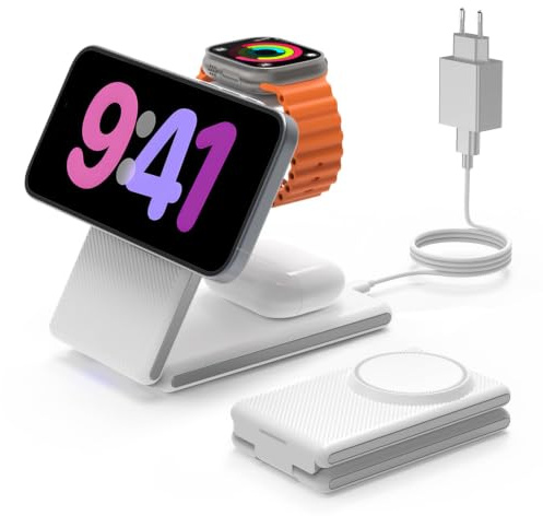 GEEKERA 3 in 1 Kabellose Magnetische Ladestation, Faltbare Ladestation für iPhone 16/15/14/13/12 Pro Max/Plus, Induktive Ladegerät für Apple Watch Ultra/Series 10-5 & AirPods Pro/4/3/2, Weiß
