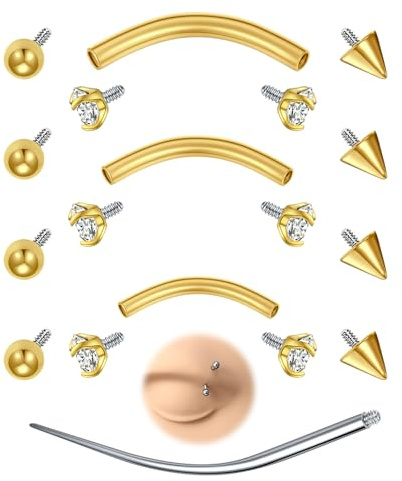 AVYRING 12 piercings curvados para cejas, acero inoxidable de 16 g, barras de labios verticales, 6 mm, 8 mm, 10 mm, joyería para labio, daith, caracola, rook, hélice, vientre, plata/dorado, 6mm, 8mm