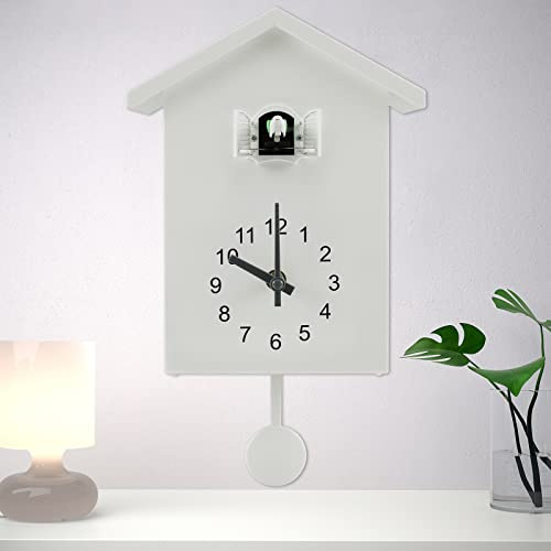 BAODBF Kuckucksuhr Modern mit Pendel und Chimer Cuckoo Clock(Weiß) | Minimalistische Pendeluhr für Wandkunst Wohnzimmer Küche Büro Vogelstimme Wanduhr ABS Kunststoffsensor 25x20 cm Geschenk