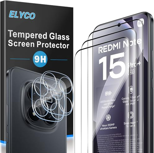 ELYCO Cristal Templado para Xiaomi Redmi Note 15 Pro Plus/Pro+ 5G/POCO M8 Pro, 3 Piezas Protector de Pantalla + 2 Piezas Protector de Lente Cámara, 9H Dureza Anti-Rasguños, HD Transparente