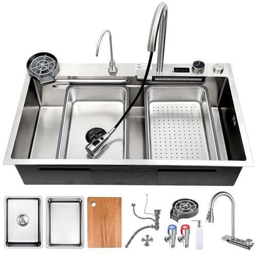 ATHOMASM - Lavello da cucina argentato 85 x 50 cm, in acciaio inox 304, con rubinetto a cascata estraibile, lavabicchieri, dispenser di sapone, sifone, tubo di scarico, grande lavello da cucina, 1