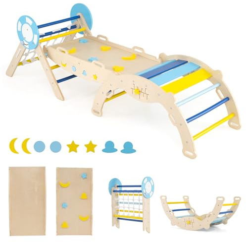 RELAX4LIFE Juego de Triángulo para Niños, Juguetes de Escalada Plegables 8 en 1, Parque Infantil Montessori de Madera con Arco, Rampa y Escalera, Gimnasio de Interior para Niños (Azul-con Red)