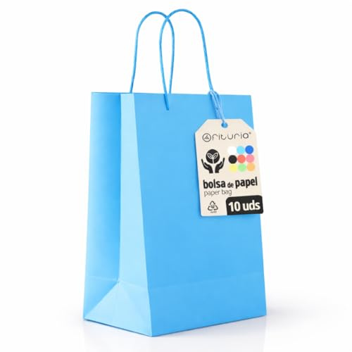 Blaue Papier Taschen XS mit Griffen – 10 Stück, Robuste und Recycelbare Taschen für Geschenke und Handel – OFITURIA (18x8x24 cm, Blau)