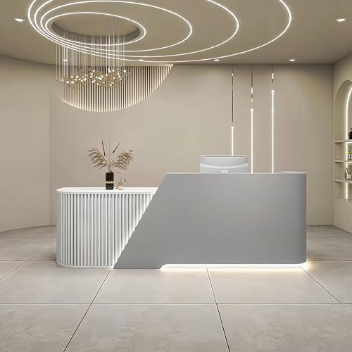 Receptionsskrivbord, 305 cm randig dekoration kassräknare reception med dold LED-belysning tangentbordshållare lådor för salong reception rum kontor kafé
