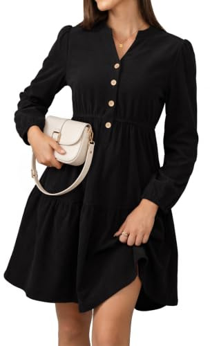 Fashora Robe Manche Longue Femme Robe Col V Chic et Elegant | Robe Velours Côtelé Femme, A-Line Casual Robe, Robes Taille Haute Élastiquée, Midi Dress, Robe Bohem, Automne, Hiver
