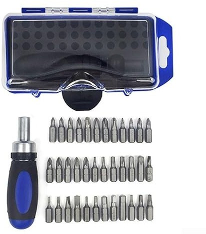 38-teiliges Ratschen-Schraubendreher-Set, multifunktionales manuelles Werkzeugset mit 45# Stahl-Bits für Heim-Autoreparatur, Handy und Festplatte, kompaktes blaues Gehäuse