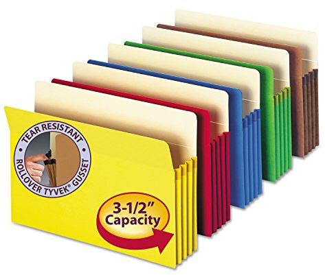 Smead File Pocket, Straight-Cut Tab, 3-1/2 Expansion, Legal Size, Assorted Colors, 5 per Pack (74892)