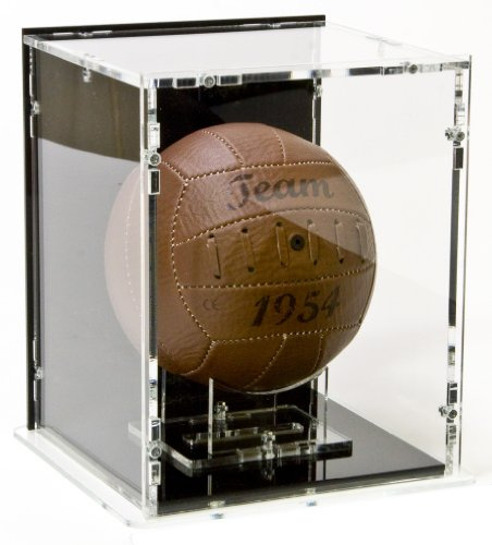 Vetrina espositiva per mini palloni da calcio con base nera e pannello posteriore nero