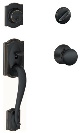 SCHLAGE Camelot Single Cylinder Handleset and Plymouth Knob, Aged Bronze (F60 CAM 716 PLY)