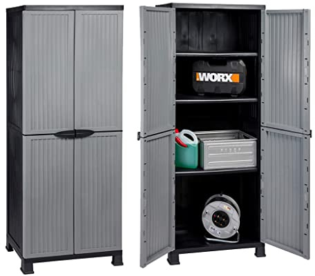 Hier passt viel rein: 2 Stück Kunststoffschrank Modell Noble. Jeder Schrank mit 3 höhenverstellbaren Einlegeböden, 4 Füßen und abschließbaren Türen! Maße pro Schrank: 68 x 40 x 171 cm