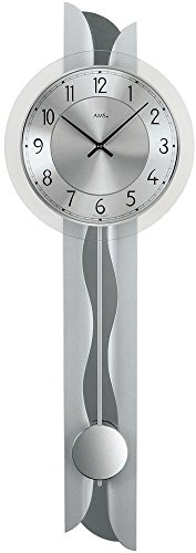 AMS 7216 Quarz Wohnzimmer Wanduhr mit Pendel moderne Pendelwanduhr Silber lackiert mit Metallpendel