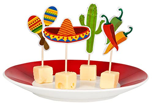 Boland 54412 - Brochetas Fiesta México, 12 piezas, longitud palo de madera 9 cm, brochetas de madera para snacks y aperitivos, vajilla para fiestas, cumpleaños, fiesta temática, carnaval