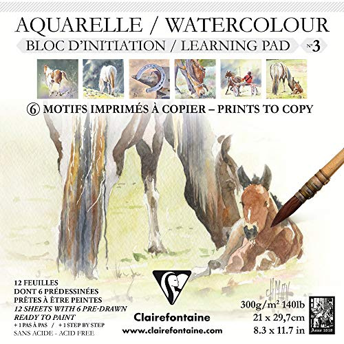 Clairefontaine 975147C Aquarellblock (mit Vordruck, verleimt, 12 Blätter, 300 g, 21 x 21 cm, 100% Zellulose, besonders geeignet für diejenigen, die sich in der Aquarellmalerei versuchen möchten) weiß
