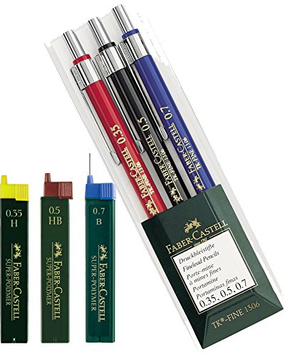 Faber-Castell Druckbleistift [ Profi Set ] TK-FINE 3er Etui (je ein Stift 0,35 mm, 0,5 mm und 0,7 mm) Spar-Set (Druckbleistifte + 3 Dosen Ersatzminen) 0,35 H 0,5 HB 0,7 B