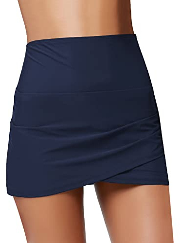 GRAPENT Women's High Waist Tulip Hem Shirring Swim Skirt Swimsuit Bikini Bottom Navy Blue Size XL