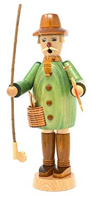 Drechslerei Friedbert Uhlig, Räuchermännchen Nr. 008/g, Angler, grün gebeizt, 25 cm hoch, aus regionalem Holz gedrechselt, echte Handarbeit aus dem Erzgebirge, Weihnachten, Holzkunst, Echtholz
