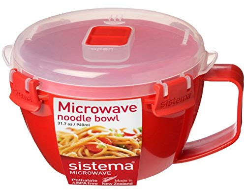 Sistema 2 Stück Mikrowellen Nudelschüssel, BPA-frei spülmaschinenfest, 940ml - Rot/Klar