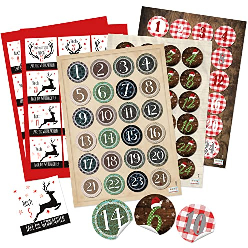 Zahlenaufkleber Adventskalender, 4 x 24 Stück: Zahlen Sticker Kalender 1 bis 24, Premium Aufkleber Weihnachten & Advent, Rund, Adventskalenderzahlen, Klebezahlen, Etiketten Ziffern