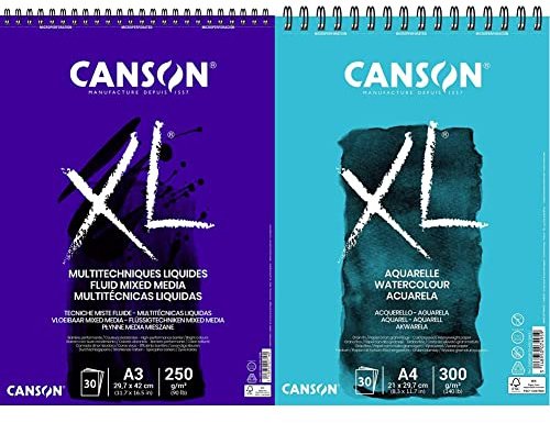 CANSON XL Mix-Media Block, DIN A3, 30 Blatt, 300 g/m² & XL Aquarelle: Aquarellpapier - Aquarellblock in DIN A4-300g - mit Spiralbindung als Ringbuch - Malblock optimal für Wasserfarben & Aquarell